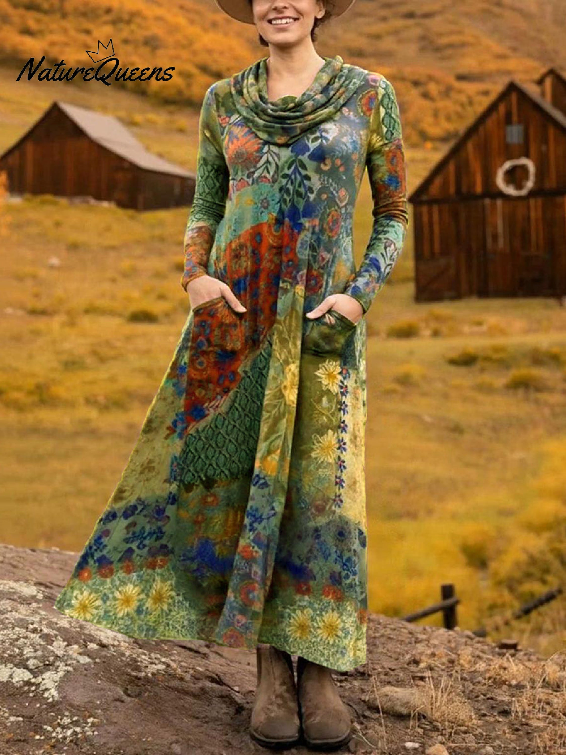 Women's Boho Boat-Shaped Collar Floral Print Stretch Dress