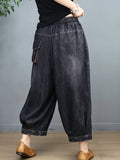 Washed Denim Cropped Balloon Pants With Elastic Waist And Large Patch Pockets
