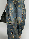 Women's Retro Floral Art Print Casual Stylish Hollow Denim Pants