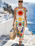 Women'S Round Neck Sleeveless Color-Block Printed Dress