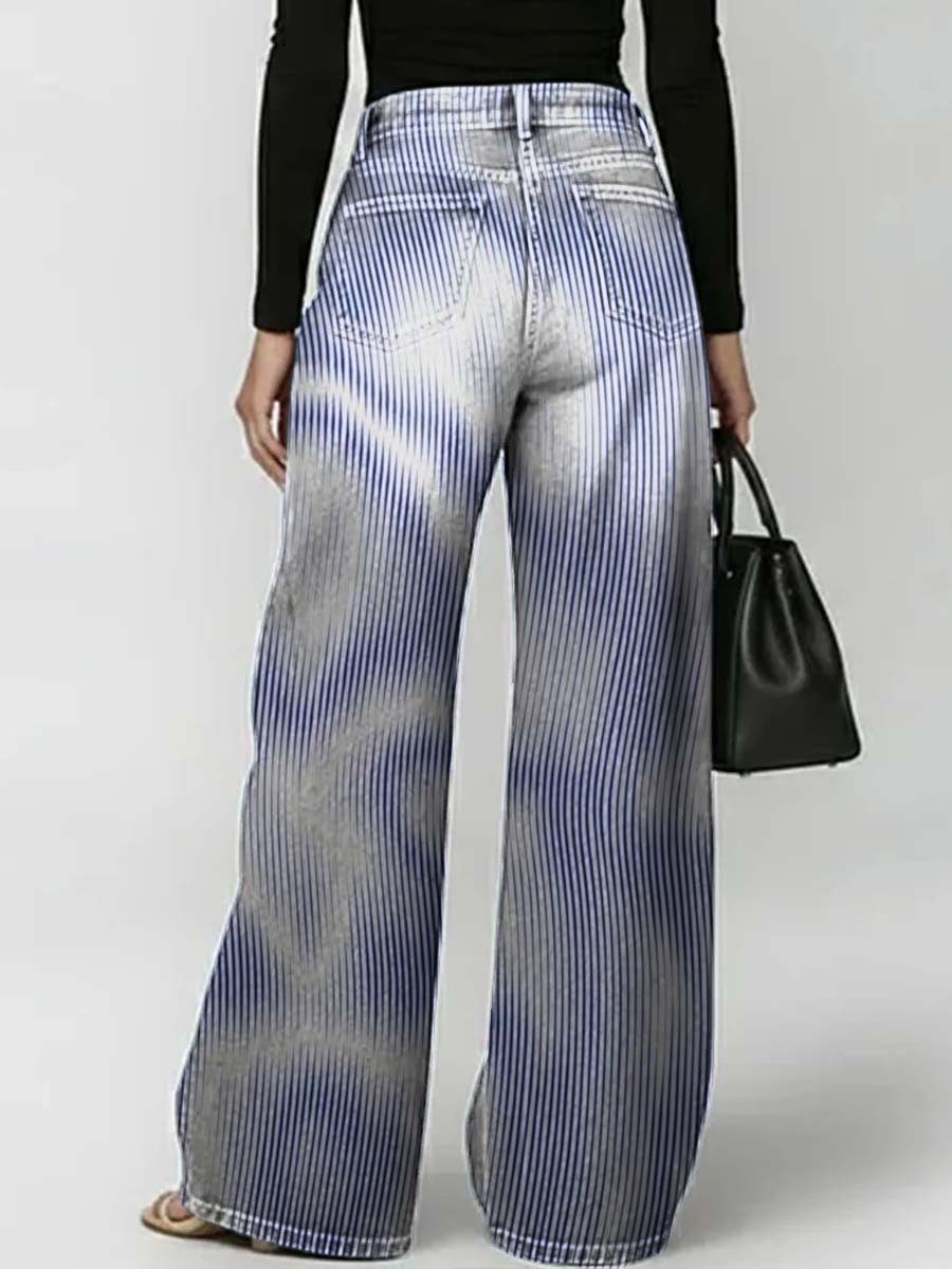 Women's Abstract Line Art Print Casual Stylish Hollow Denim Pants