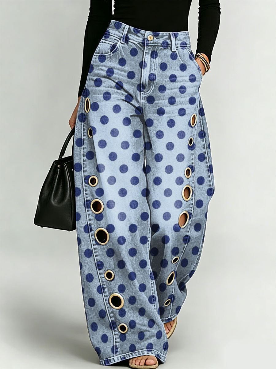Retro Polka Dot Decorative Pattern Women's Casual Cotton Denim Pants