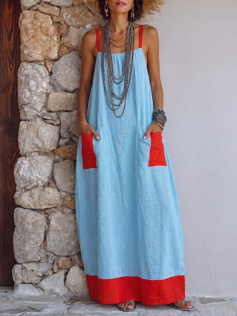 Vacation-style Color-block Striped Cotton-linen Maxi Dress