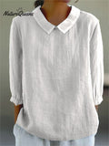 Women's Solid Color Casual Cotton And Linen 3/4 Sleeve Shirt