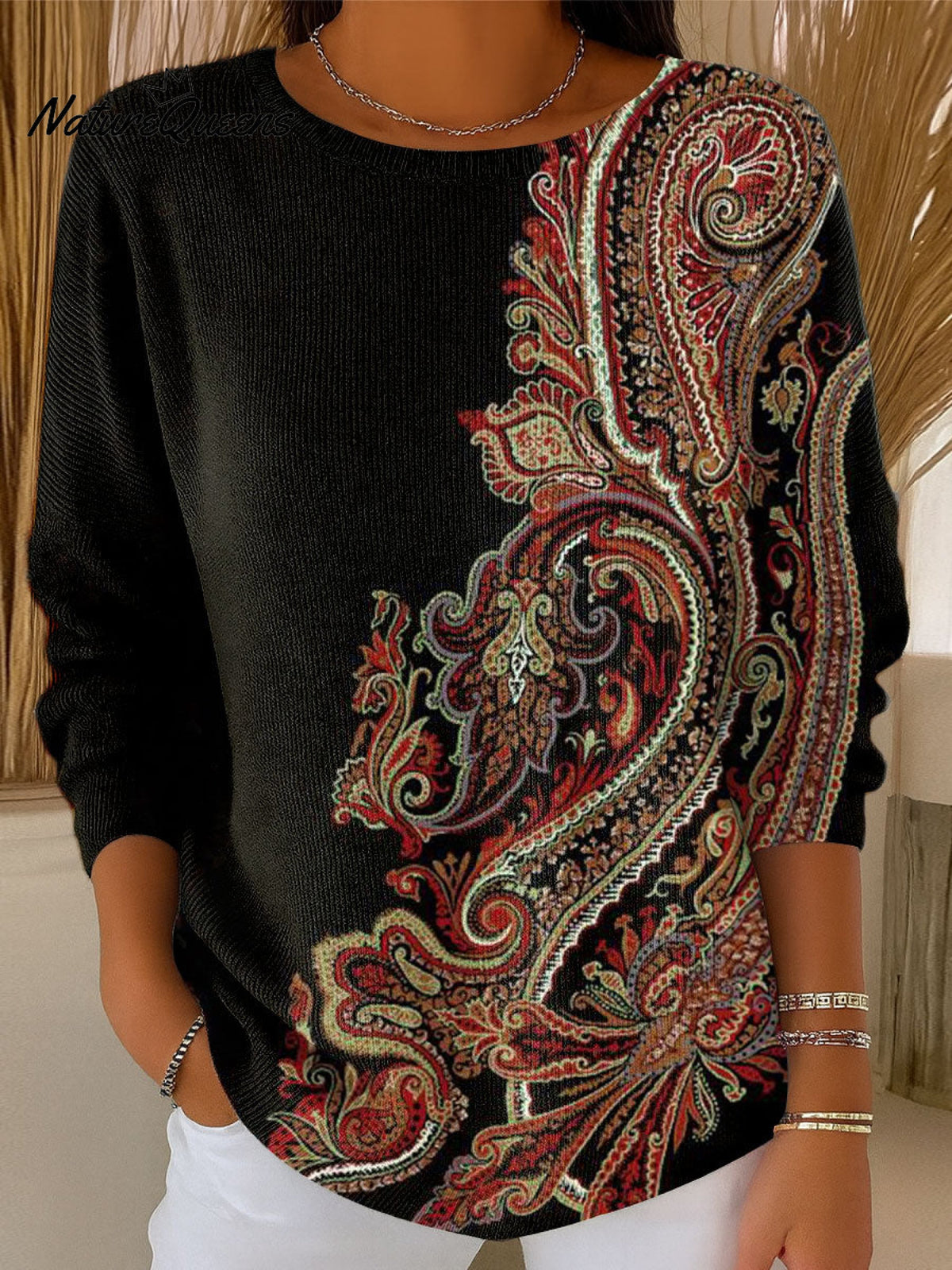 Women's Vintage Flower Art Printed Casual Pullover Sweater