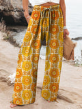 Summer Gerbera Floral Pattern Printed Women's Cotton And Linen Casual Pants