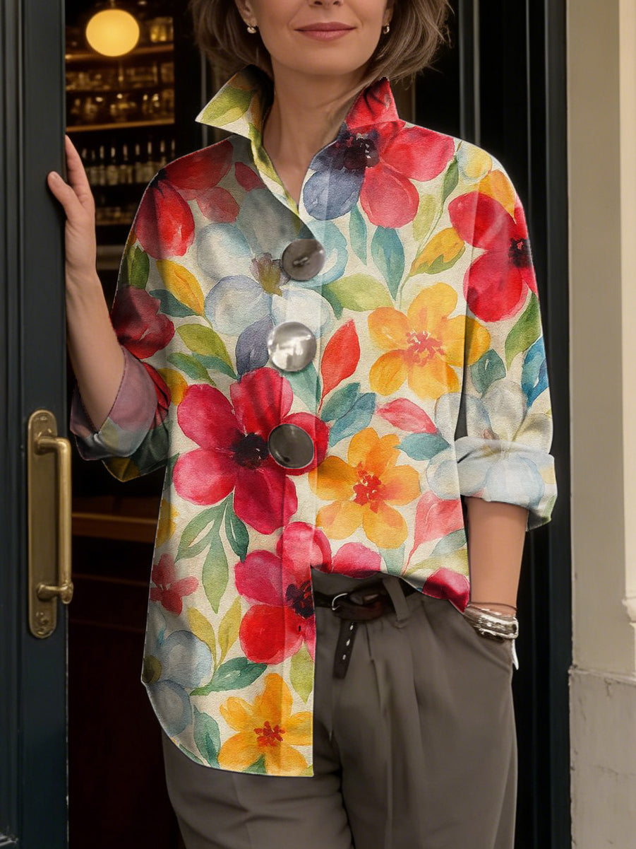 Women's Abstract Watercolor Floral Print Cotton Shirt — Lapel Collar, Long Sleeve, Casual Loose Fit