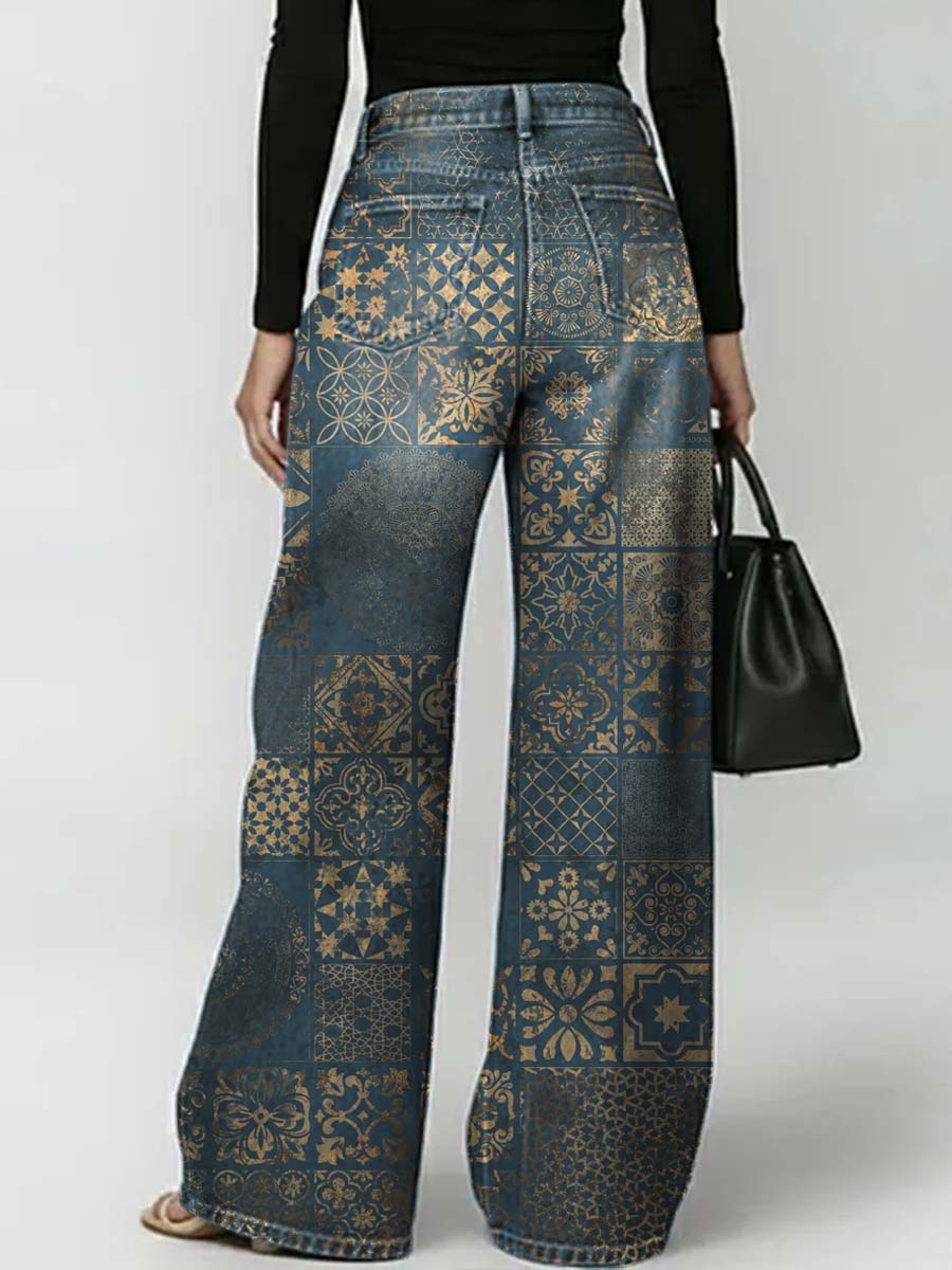 Women's Retro Floral Art Print Casual Stylish Hollow Denim Pants