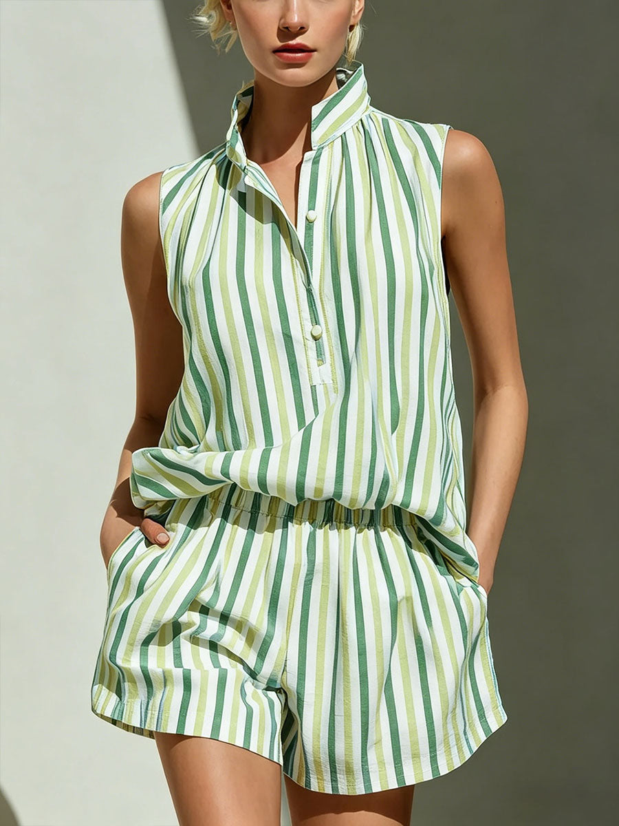 Women's Simple & Stylish Sleeveless Stand-collar Striped Vest And Casual Vacation Shorts Two-piece Set