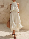 Women's off-white halter neck ruffled vacation-style long dress