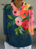 Women'sVintage Flowers Art Print Casual Linen V-neck Shirt