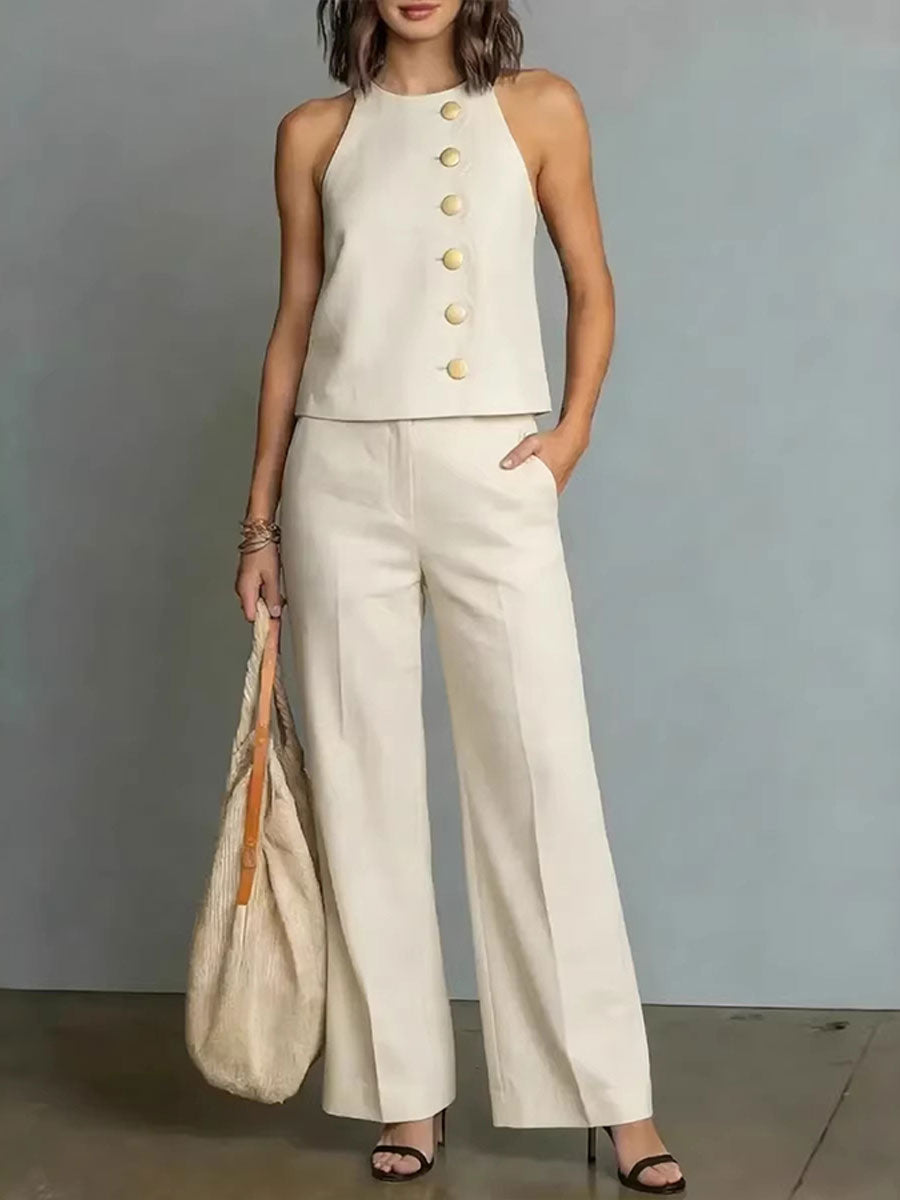 Women's Sleeveless Top & High-waisted Wide-leg Pants Two-piece Set