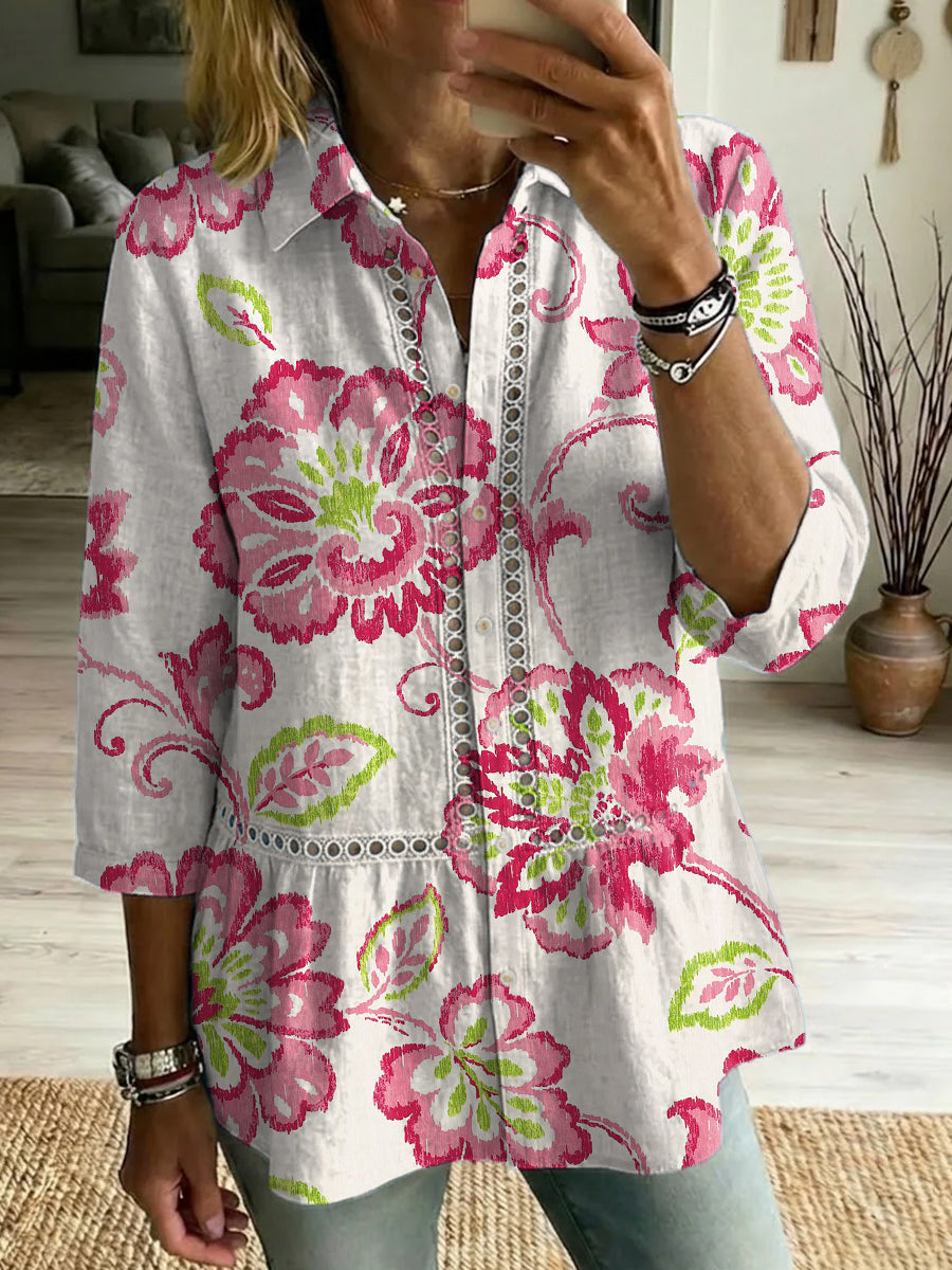 Women's Vintage Botanical Art Print Casual Cotton Shirt With Lapel Collar