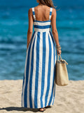 Women's Bohemian-style Sleeveless Spaghetti-strap Single-breasted Vertical-stripe Linen Maxi Dress