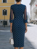 Women's Polka Dot Print Round Neck 3/4-sleeve Casual Slim-fit Pencil Dress