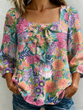 Elegant Colorful Flower Decorative Pattern Women's Long Sleeve Linen Cotton Shirt