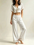Women's V-neck Short-sleeve Top And Lace-trimmed Pants Set