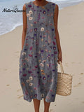 Women's Vintage FloralArt Print Sleeveless Cotton Pocket Wrap Dress