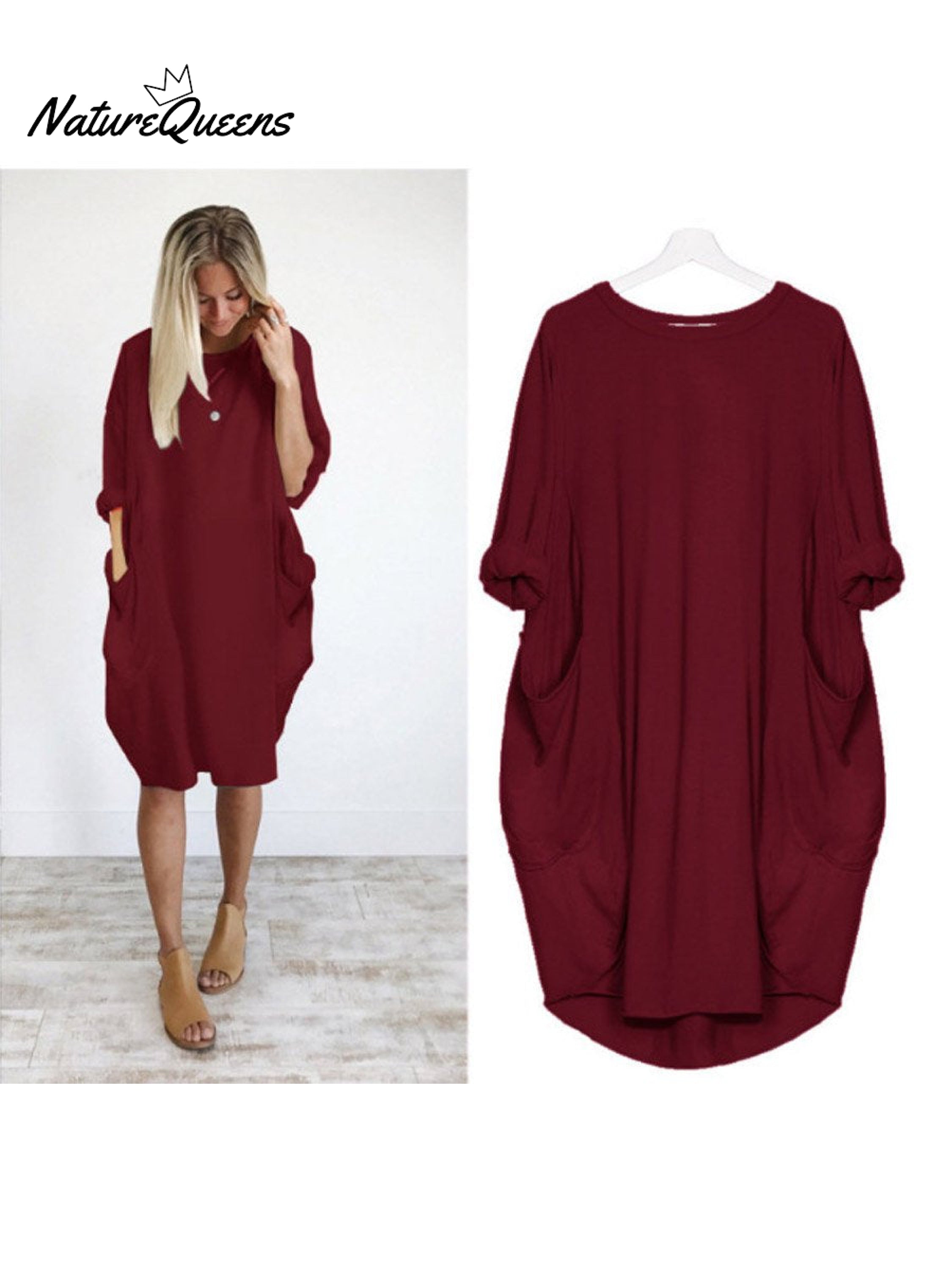 Women's Solid Color Loose Elegant Casual Long-sleeved Pocket Dress