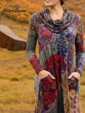 Women's Boho Boat-Shaped Collar Floral Print Stretch Dress