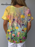 Women's Retro Elegant Floral Art Print Casual Cotton And Linen Shirt