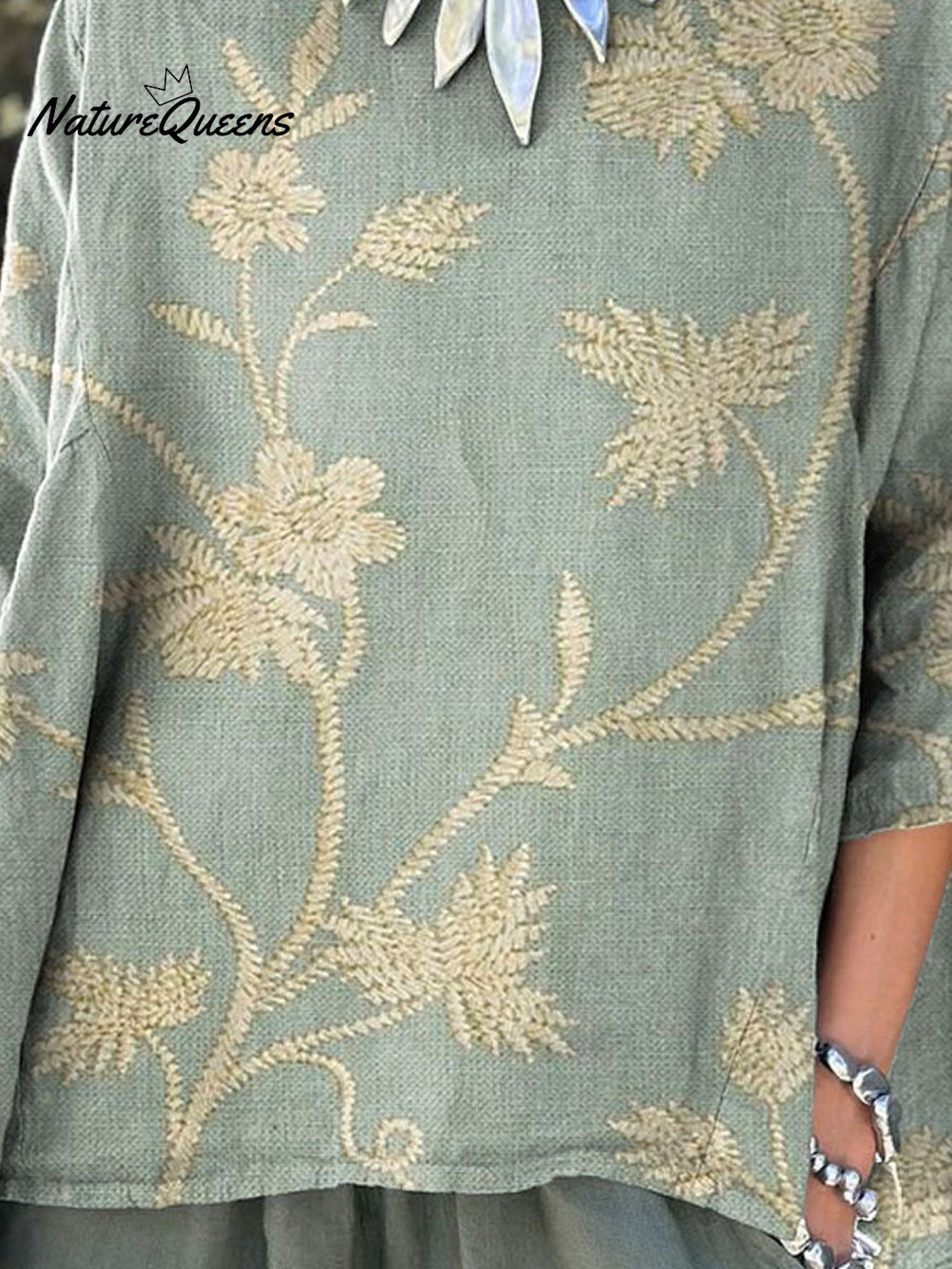 Women's Retro Elegant Floral Art Print Casual Cotton And Linen Shirt