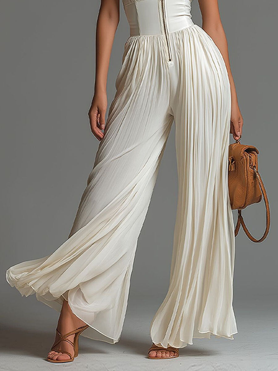Women's Elegant & Flowy Pleated Halter-neck Long Wide-leg Jumpsuit
