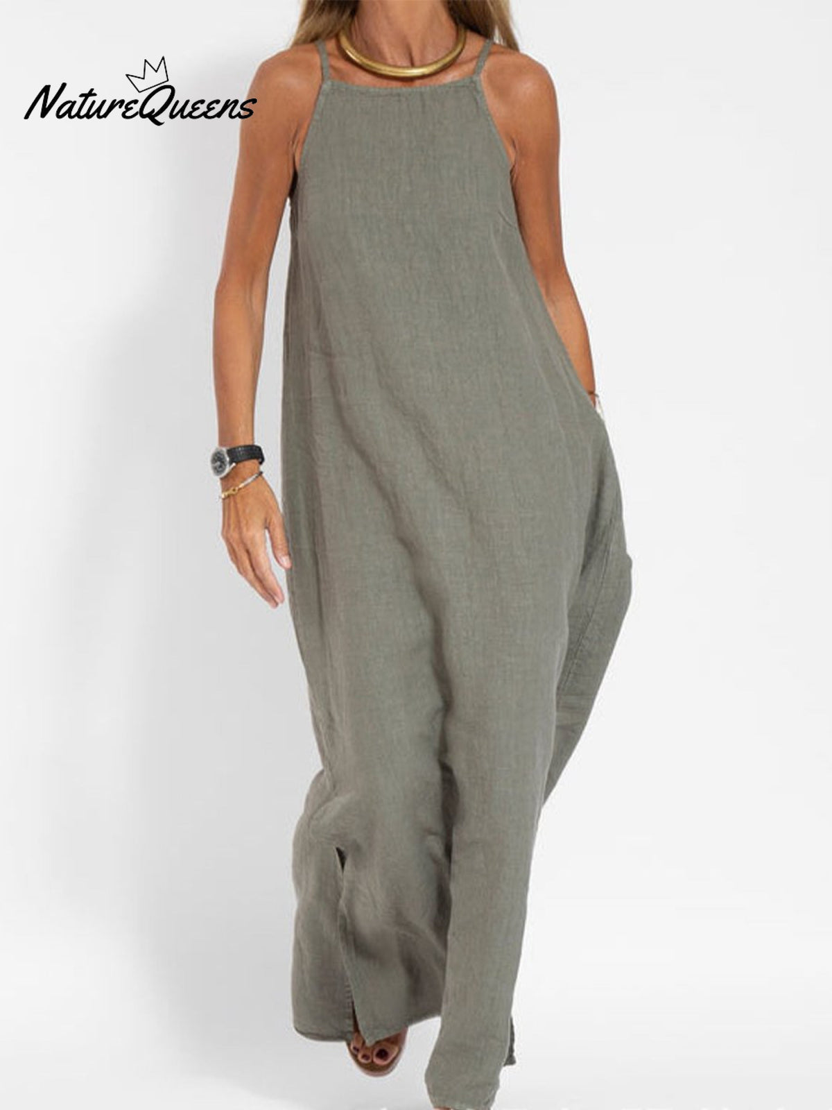 Fashionable Casual Cotton and Linen Slit Slip Dress
