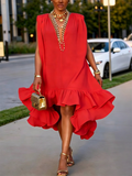 Elegant Vacation Party Asymmetrical Ruffle Midi Dress