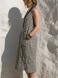Black & White Gingham V-neck Linen-cotton Sleeveless A-line Dress