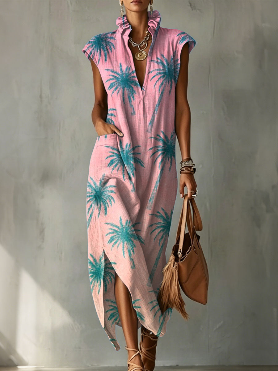 Gradient Palm Tree Decorative Pattern Women's No Sleeve Linen Cotton Dress
