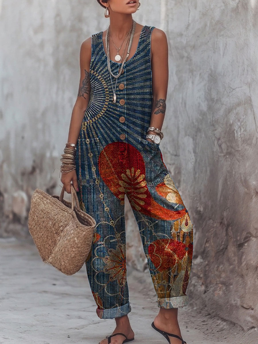 Women's Vintage Art Print Casual Jumpsuit