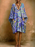 Women's Vintage Floral Print Short-sleeve Cotton-linen Dress