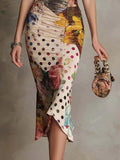 Vintage Floral & Polka Dot Lace Trim Ruched Midi Dress