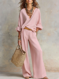 Cozy Minimalist V-neck Cotton-linen Two-piece Set