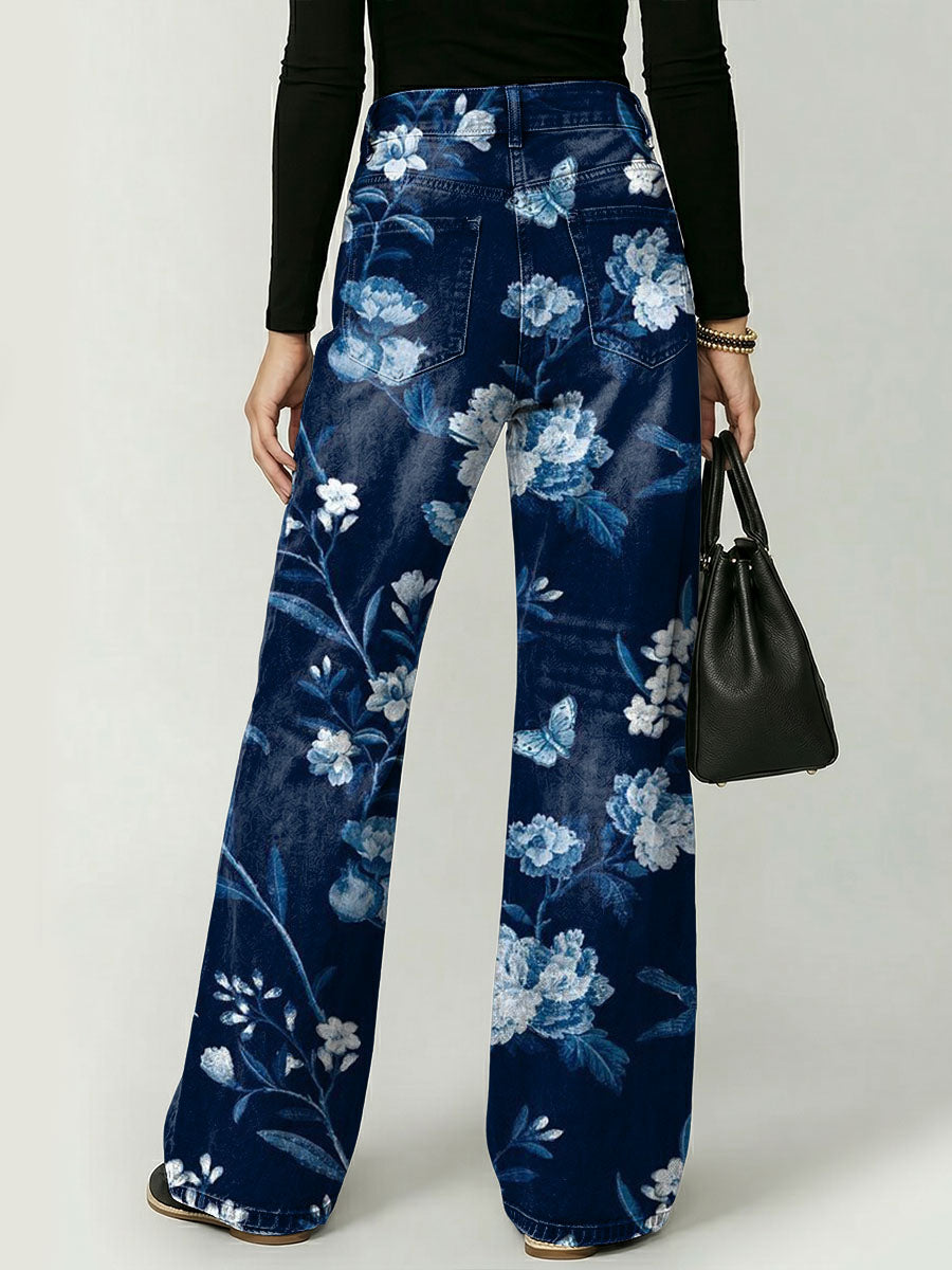 Vintage-style Elegant Floral Decorative Pattern Women's Cotton Denim Pants
