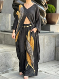Boho Feather Print Long Shirt And Pants Two-piece Set