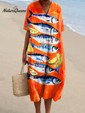 Women's Vintage Fish Sardine Art Print Flowy Dress