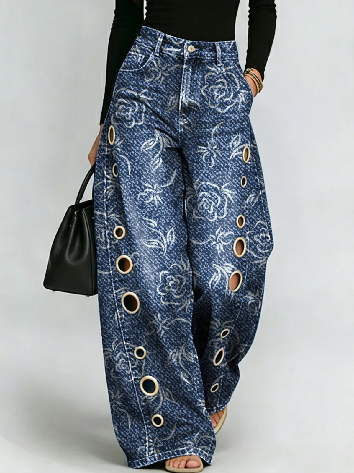 Printed Curved-leg Jeans With Metal Ring Accents