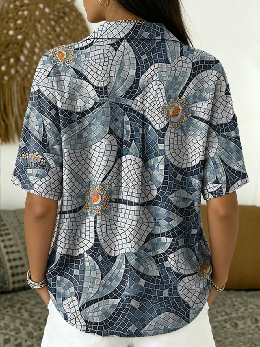 Women's Vintage Botanical Floral Casual Polo Collar Short-sleeved Linen And Cotton Shirt