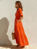 Women's Orange and White Color-Block Vacation Style Cotton-Linen Shirt Dress