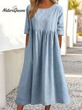 5-quarter Sleeve Casual Loose Solid Color Cotton and Linen Dress