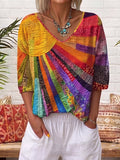 Boho Geometric Sun Print V-neck Cotton T-shirt