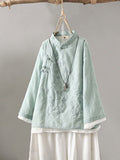Women's Stand-collar Long-sleeve Loose-fit Casual Cotton-linen Shirt With Embroidery