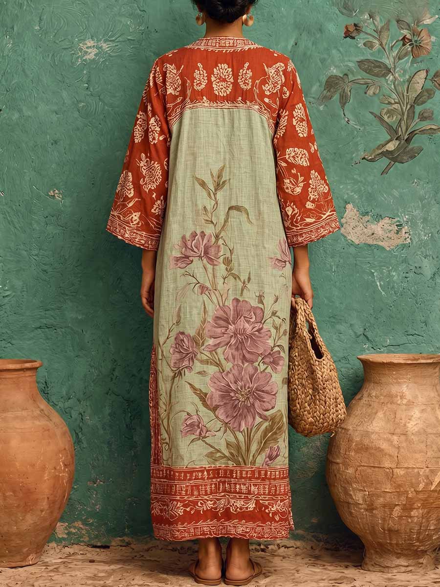 Women's Vintage-print V-neck Long-sleeve Casual Loose Cotton-linen Dress