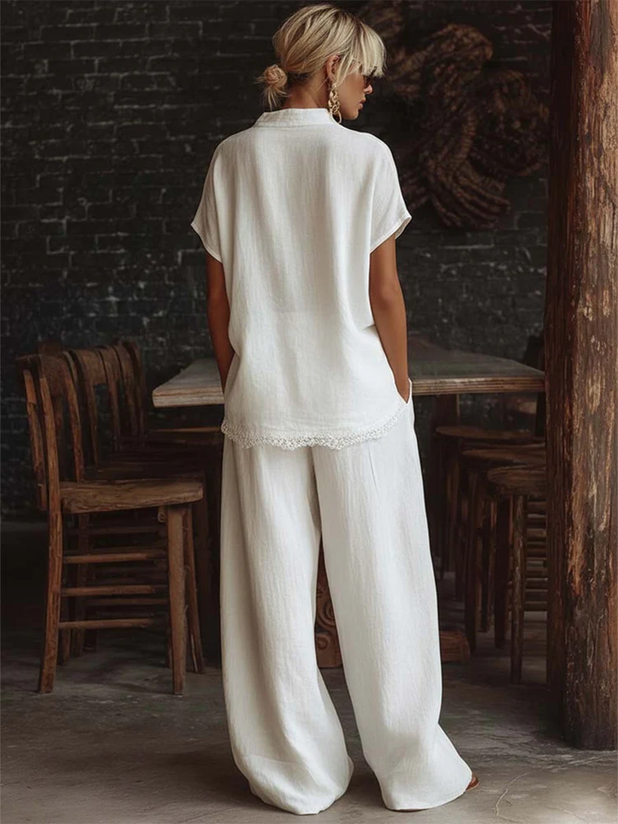 Retro Lace-hem Cotton-linen Two-piece Set