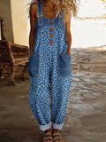 Women's Sleeveless Leopard Print Casual Loose Denim-paneled Wide-leg Jumpsuit