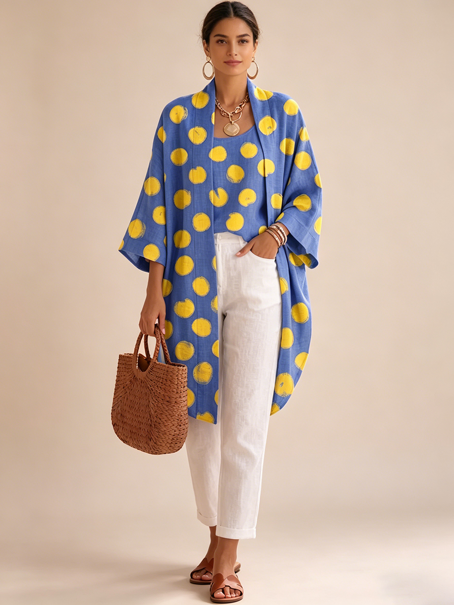 Brushstroke Polka Dot Cotton-linen Vest & Cardigan Two-piece Set
