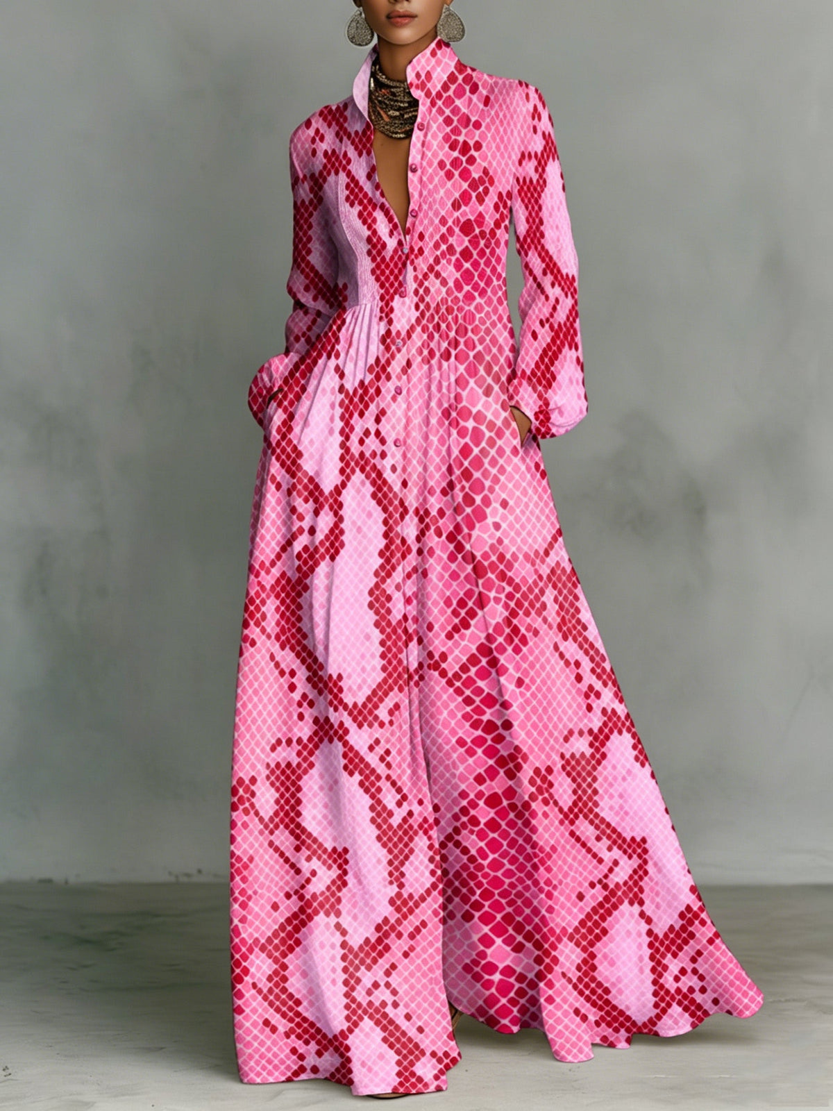 Snakeskin-print Stand-collar Single-breasted Long Shirt Dress