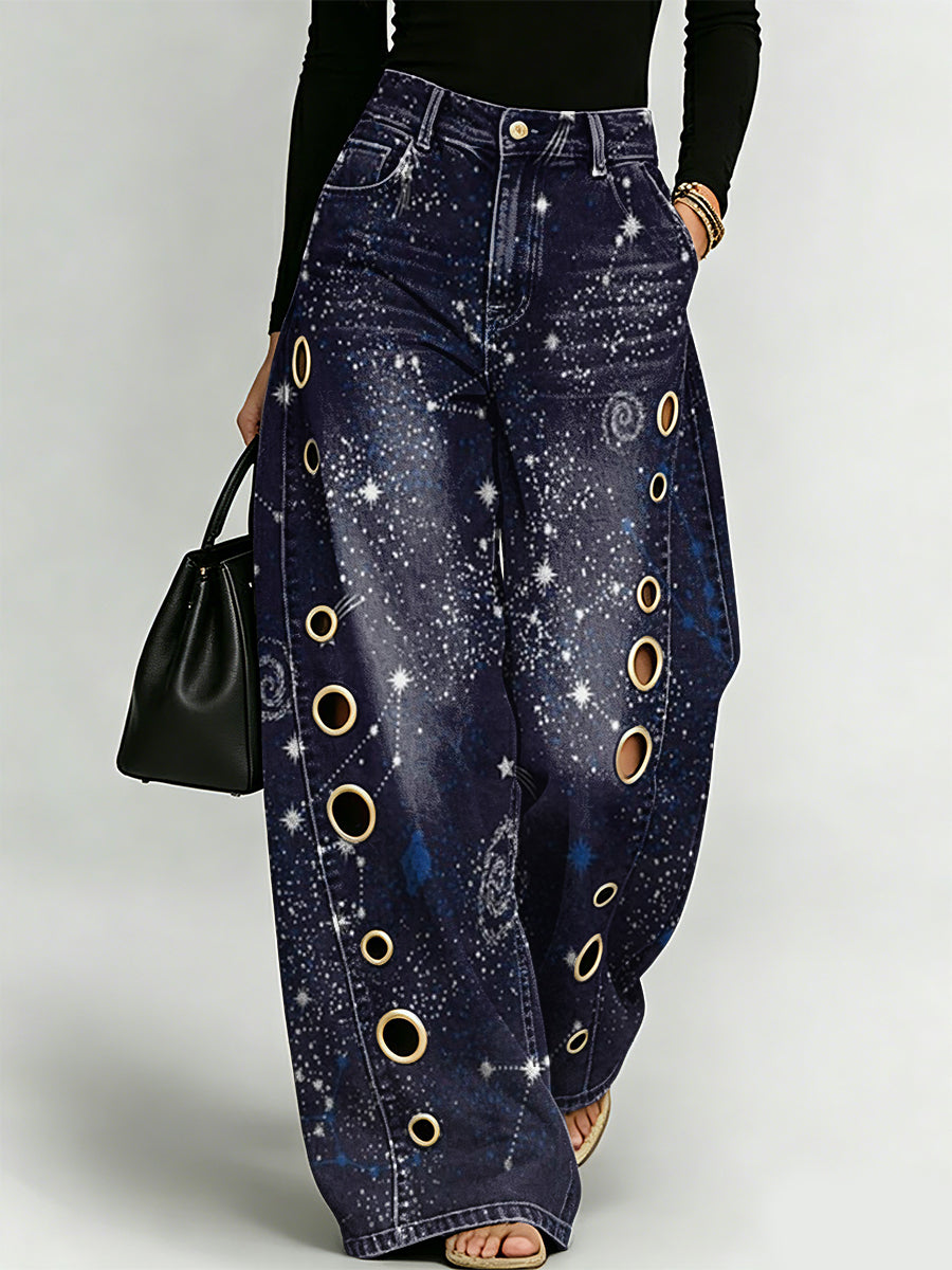 Mysterious Cosmic Starry Sky Decorative Pattern Women's Denim Pants